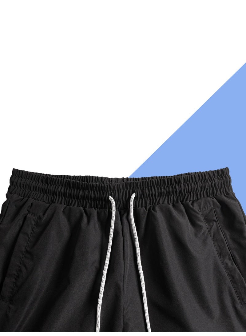 Men's Solid Black Casual Shorts Athletic Activewear with Secure Zip Pocket & Drawstring - Image 3